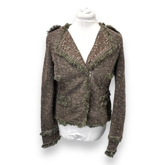 Monoreno Womens Tweed Wool Blend Jacket With Sequins & Frayed Trim Size L - Picture 2 of 8